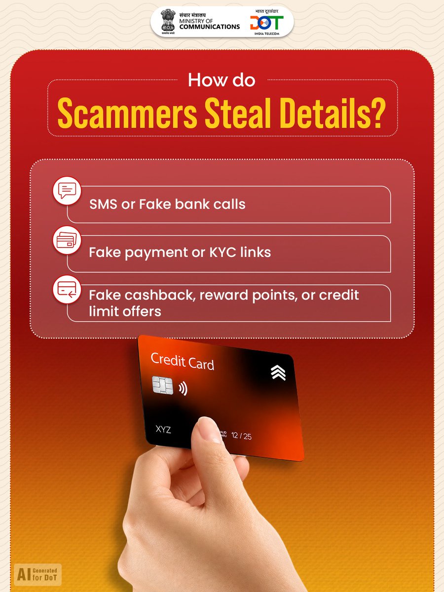 DoT_India's tweet photo. Think before you trust. Verify before you share.

A fake call or message is all it takes for scammers to steal your credit card details.

Swipe to learn how these scams work and how you can stay protected. 

#DoT #Telecom #CreditCardScam #CyberSafety #SancharSaathi 

@JM_Scindia @PemmasaniOnX @PIB_India @pib_comm
@DDNewslive
