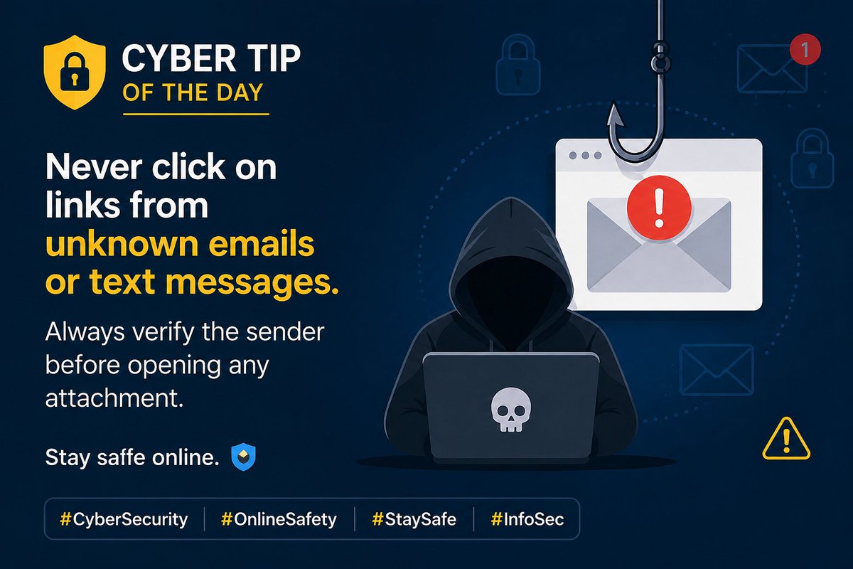 Elizabethttf9's tweet photo. 🔐 Cyber Tip of the Day:
Never click on links from unknown emails or text messages. Always verify the sender before opening any attachment.
Stay safe online. 💙
#CyberSecurity #OnlineSafety https://t.co/9HdvE66Bih
