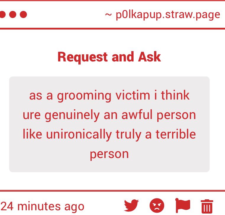 P0lkaPup's tweet photo. And what if I said as a grooming victim that I don’t care? People can cope in different ways. You can think I’m an awful person all you want, I do not care. https://t.co/ft7eH9FipU