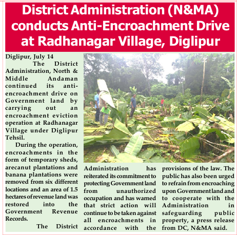 Andaman_Admin's tweet photo. #NewAndamans
#ZeroTolerance
@DC_NMAndaman continued its anti-encroachment drive at #Radhanagar village under #DiglipurTehsil. Encroachments, including temporary sheds, arecanut and banana plantations, were removed from six locations, restoring 1.5 hectares of Government revenue land.