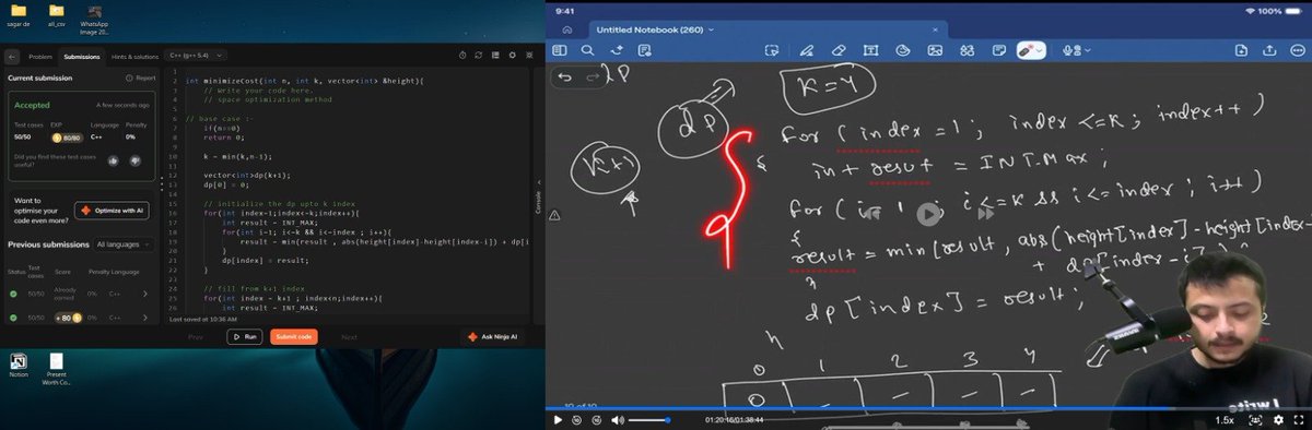 SagarDe713523's tweet photo. Day 4/20 🔥 
Continuing my DP  journey ! 

Today I Completed : 
1. Frog 🐸 jump with k distance 

Solving with Top-Down, Bottom -Up and Space optimization approach 

 Thank you @rohit_negi9  &amp; @CoderArmy 

#CoderArmy #dp20 #DSA  #Cpp #leedcodeProblemSolving https://t.co/MEruIlN6wV