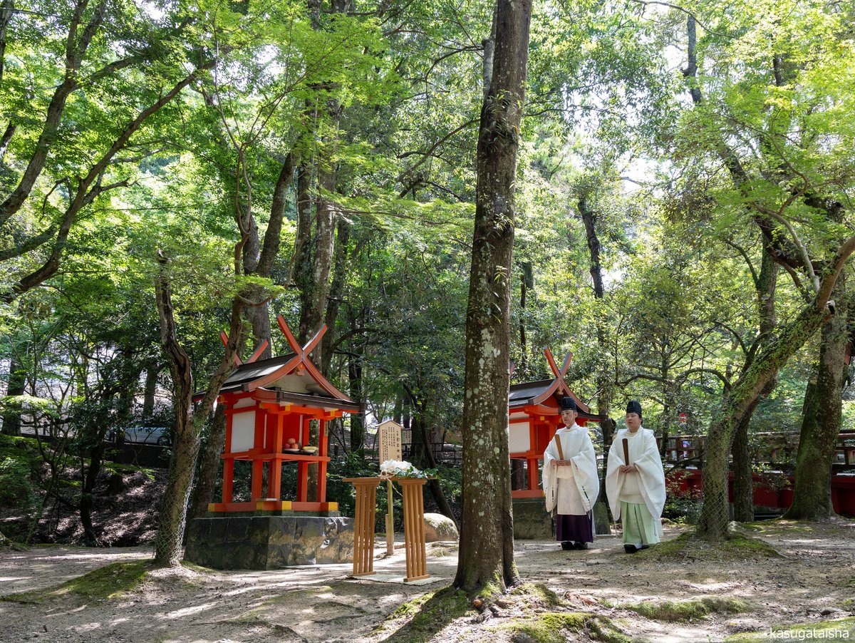 KASUGASHRINE's tweet photo. 午前10時、愛宕神社・聖明神社の例祭が斎行されました。古くは興福寺の四恩院に鎮座されていました。
両神社は水谷川沿いに鎮まる九社のお社を巡拝する「水谷九社めぐり」の社で、愛宕神社は火伏せの神様として信仰が篤く、聖明神社は日々の生活をお守りくださる神様です。#春日大社 #奈良 #神社 https://t.co/5TdI26hyoS