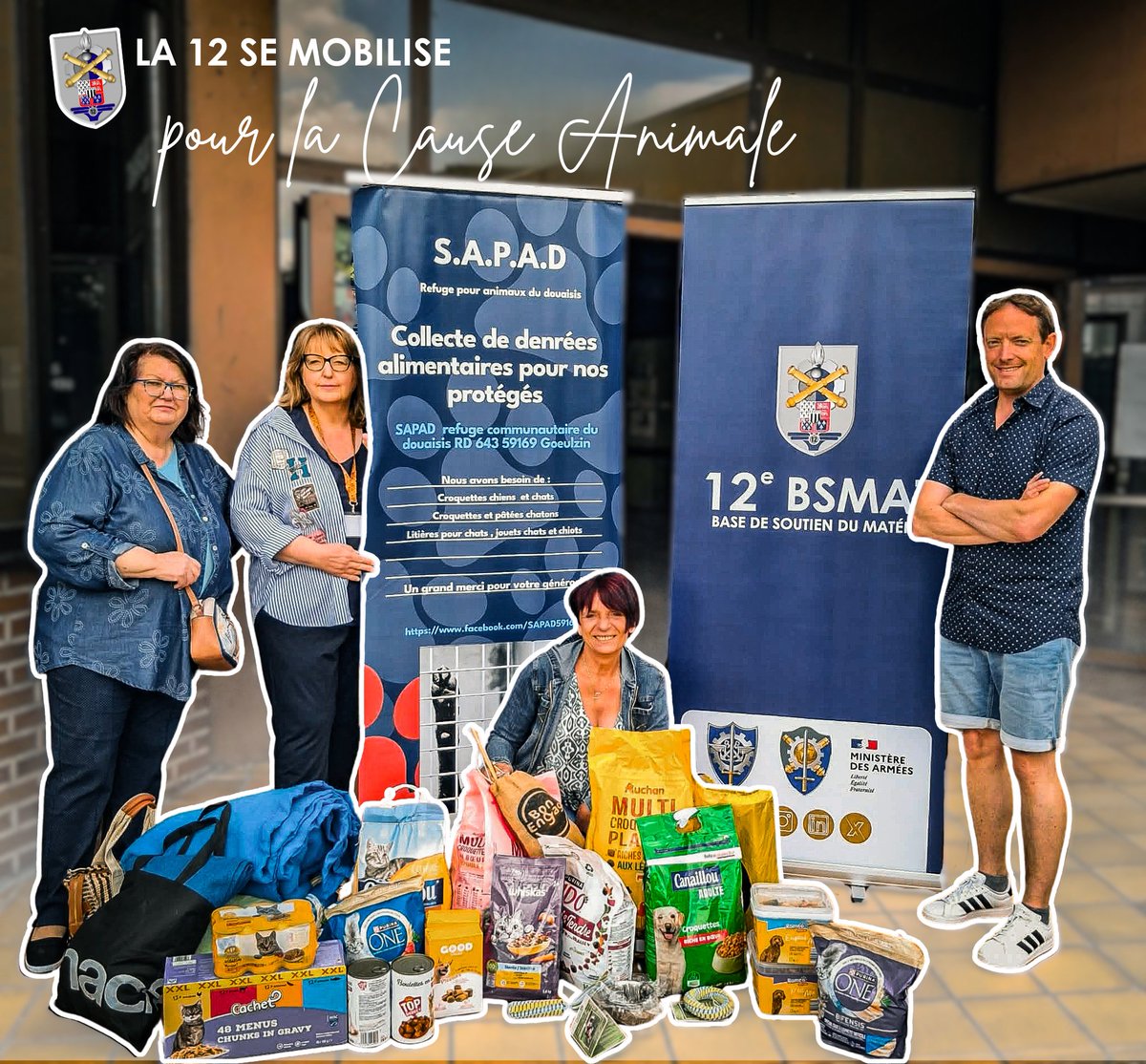 12eBSMAT's tweet photo. 💚 Les personnels du détachement de Douai se sont mobilisés pour une collecte au profit de la SAPAD. Denrées, jeux et solidarité : un bel élan de générosité en faveur des animaux du refuge. 🐾🤝
#Solidarité #SAPAD #Douai #12eBSMAT #EspritDeCorps https://t.co/uPqLpEDKwh