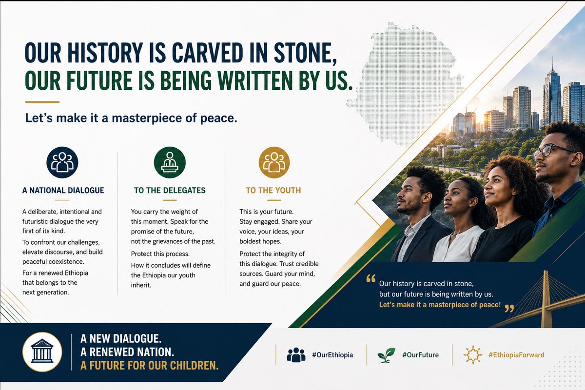 lensamekonnen's tweet photo. Our history is carved in stone, but our future is being written by us. Let’s make it a masterpiece of peace! 

Ethiopia is not just a land of ancient history; it is overwhelmingly a nation of young people. Today, as we stand at the threshold of a new chapter, we must recognize who we are truly writing it for. We are initiating a deliberate, intentional, and futuristic dialogue the very first of its kind. Our purpose is clear, to finally confront the inherited issues that have long divided us, to elevate discourses that foster peaceful coexistence, and to stop passing our generational burdens down to our children. We are here to lay an unbreakable cornerstone for a renewed nation that belongs to them.

To the delegates in this room tasked with direct engagement ~ I urge you to approach this work with the purest of intent. When you speak, do not speak for the grievances of the past; speak for the promise of the future. Recognize the profound gravity of this moment. How this historic journey concludes will dictate how our generation lives together, but more importantly, it will define the Ethiopia our youth inherit. Do not let pride or old fractures compromise their tomorrow.

To the young citizens of Ethiopia those observing this process while building your lives, studying, and working across our country ~ Own this moment. This is your future being discussed. Stay deeply attentive to this discourse. Refuse to be sidelined, and participate by sharing your thoughts, your reflections, and your boldest hopes.

But I also ask something critical of you. You are the digital generation, the architects of our modern public square. I ask that you fiercely protect the integrity of this dialogue. Commit to consuming and sharing information only from validated, credible news sources. Do not let algorithms, rumors, or divisive echoes steal the peace you deserve. Guard your minds, and guard our peace, both during this critical period and well into the future we will build together. 

#OurEthiopia #OurFuture #EthiopiaForward