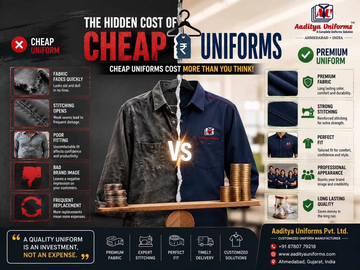 Aadityauniform's tweet photo. ๐ The Hidden Cost of Cheap Uniforms
The cheapest uniform often becomes the most expensive choice.
#AadityaUniforms #ProfessionalUniforms #CorporateUniforms #IndustrialUniforms #Workwear #BrandIdentity #QualityMatters #CustomUniforms #MadeInIndia https://t.co/xAso4prhnB