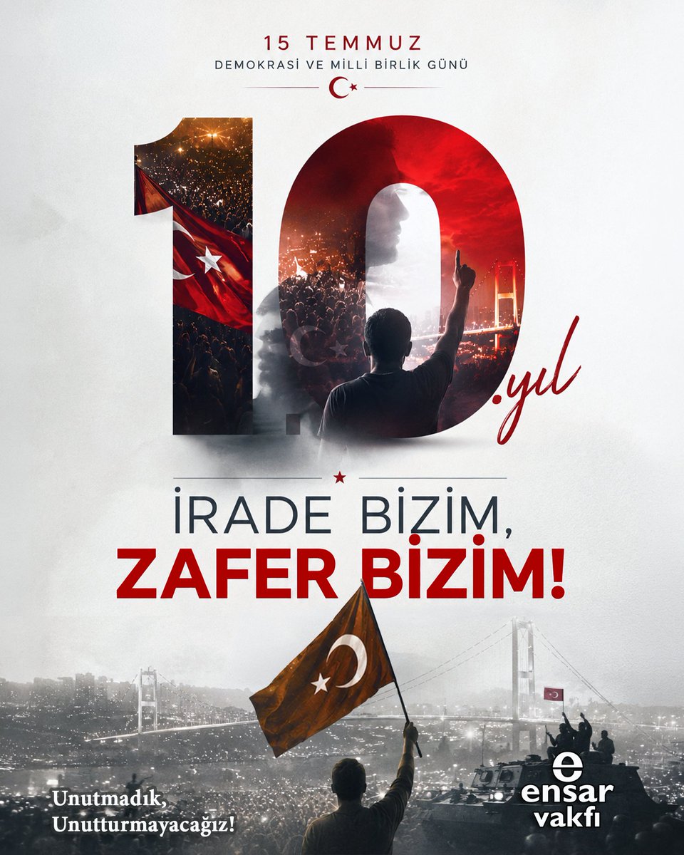 EnsarVakfi's tweet photo. 🇹🇷 İrade Bizim, Zafer Bizim!

15 Temmuz'un 10. yıl dönümünde; vatanı, bayrağı ve istiklali uğruna canını ortaya koyan aziz şehitlerimizi rahmet ve minnetle, kahraman gazilerimizi şükranla anıyoruz.

Milletimizin sarsılmaz iradesi, birlik ve beraberlik ruhu; tarih boyunca olduğu gibi o gece de karanlığa geçit vermemiş, bağımsızlığımıza ve demokrasimize sahip çıkmıştır.

Ay yıldızlı bayrağımız göklerde özgürce dalgalandıkça, bu topraklarda ezanlar susmayacak, milletimizin iradesi daima üstün olacaktır.

15 Temmuz'un 10. yılında; aynı inançla, aynı kararlılıkla…

🇹🇷 İrade Bizim, Zafer Bizim! 🇹🇷

#15Temmuz #İradeBizimZaferBizim #Demokrasi #Türkiye #15TemmuzDestanı #ZaferBizim