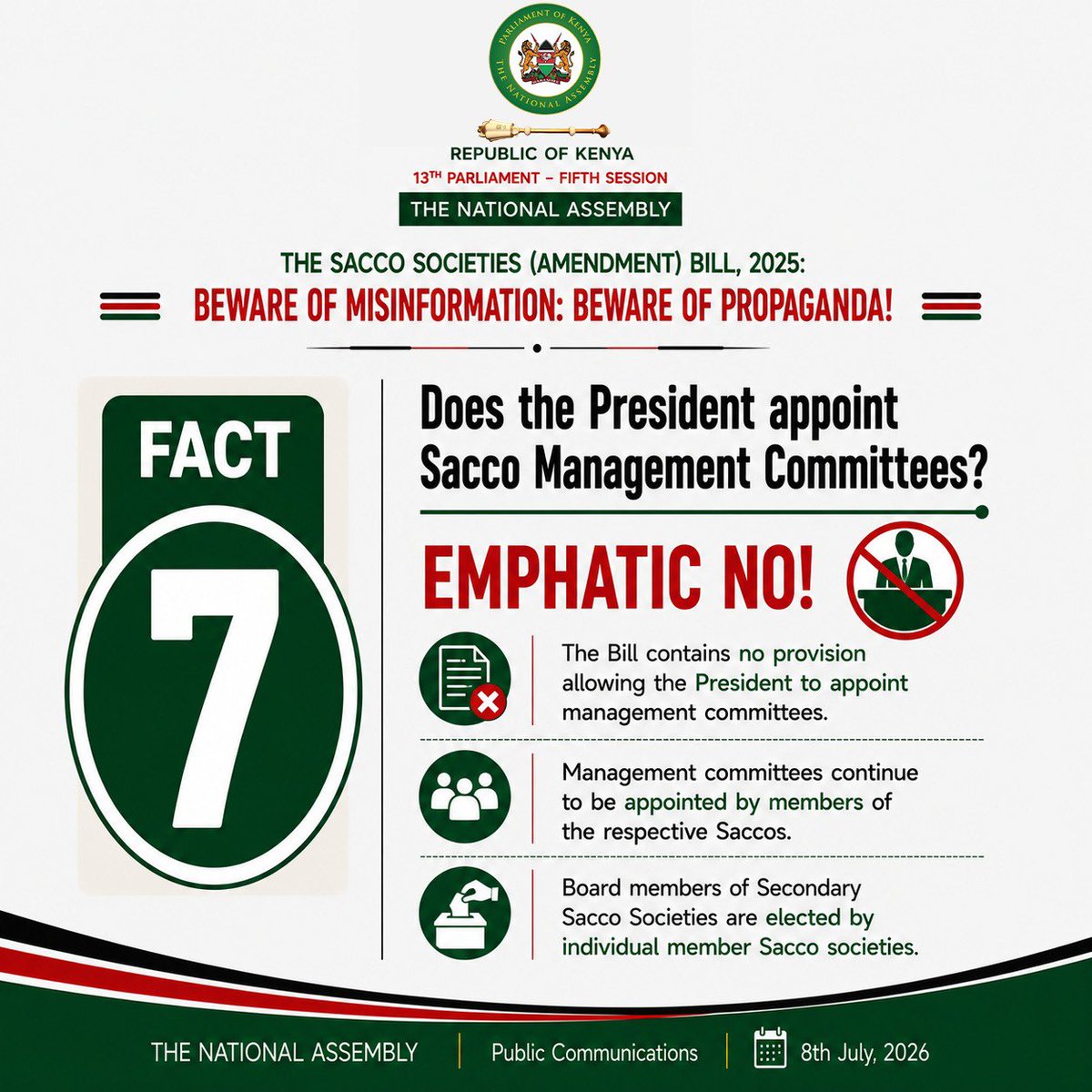 NAssemblyKE's tweet photo. 🚨 𝐃𝐄𝐁𝐔𝐍𝐊𝐈𝐍𝐆 𝐓𝐇𝐄 𝐌𝐘𝐓𝐇𝐒: 𝐆𝐞𝐭 𝐭𝐡𝐞 𝐅𝐚𝐜𝐭𝐬 𝐨𝐧 𝐭𝐡𝐞 𝐒𝐀𝐂𝐂𝐎 𝐒𝐨𝐜𝐢𝐞𝐭𝐢𝐞𝐬 (𝐀𝐦𝐞𝐧𝐝𝐦𝐞𝐧𝐭) 𝐁𝐢𝐥𝐥, 𝟐𝟎𝟐𝟓! 🚨

Lately, there has been a lot of chatter, speculation, and misinformation going around regarding the proposed SACCO Societies (Amendment) Bill, 2025.

To keep you accurately informed, here’s a series of fact-checks. Swipe through to get the real facts directly from the source! 👇

🗣️ Stay informed, ignore the propaganda, and share the truth! 

Grab an official copy of the Bill and read it for yourself on the Parliament website via this link 🔗: https://t.co/807LzTrAQp

 #NationalAssemblyKE #FactCheck  #SaccoSocietiesAmendmentBill