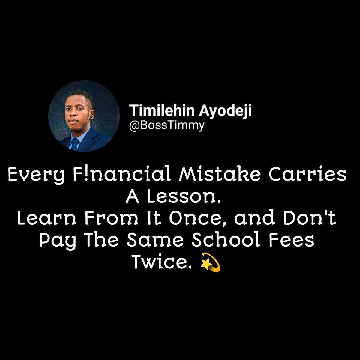 TimilehinAyod10's tweet photo. Stop spending to impress people who do not pay your bills, build for the future they cannot see. 💰 

#BossTimmy 🚀 https://t.co/B16WNZRUF6