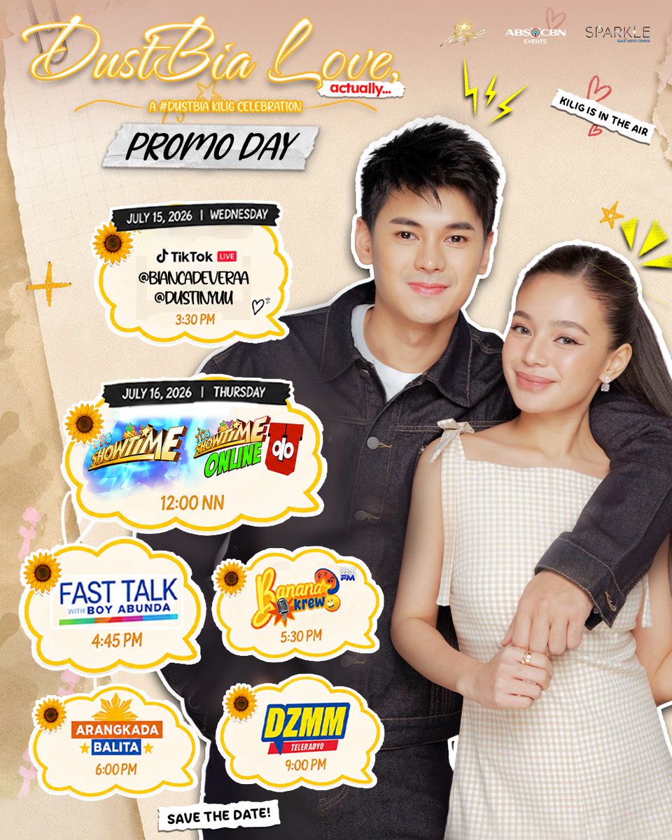 StarMusicPH's tweet photo. DustBia Nation, ready na ba kayong kiligin? 

Mark your calendars because
#DustBiaLoveActually PROMO DAY is happening this July 15 & 16, 2026!

📍JULY 15 3:30PM - TikTok LIVE
📍JULY 16 12NN - It's Showtime
📍JULY 16 4:45PM - Fast Talk with Boy Abunda
📍JULY 16 5:30PM Barangay LS
📍JULY 16 6PM - Arangkada Balita
📍JULY 16 9PM - DZMM Teleradyo

Join Dustin Yu and Bianca De Vera as they spread all the kilig and excitement for #DustBiaLoveActually!

Save the date and don't miss a single stop! See you, fam! 💛

BUY TICKETS HERE:
🔗https://t.co/0k60pmGtYG