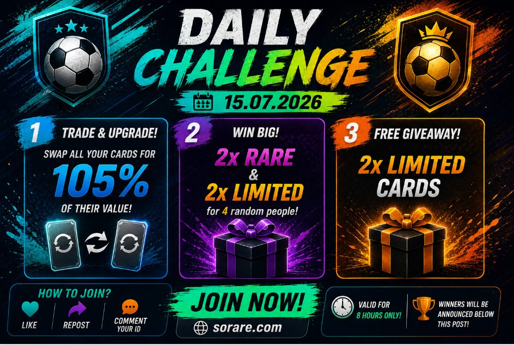 PawelTrader_'s tweet photo. 🎉 DAILY CHALLENGE – 15.07.2026 ⚽🔥

Ready for today's challenge? 🚀

1️⃣ Trade all your cards for 105% value
2️⃣ Win 2x Rare + 2x Limited (4 winners) 🎁
3️⃣ 2x Limited Cards Giveaway 🏆

How to join:
❤️ Like
🔁 Repost
💬 Comment your Sorare ID
⏰ Valid for 8 hours only!

Good luck everyone! 🍀
#Sorare #Giveaway #NFT #FantasyFootball #DailyChallenge