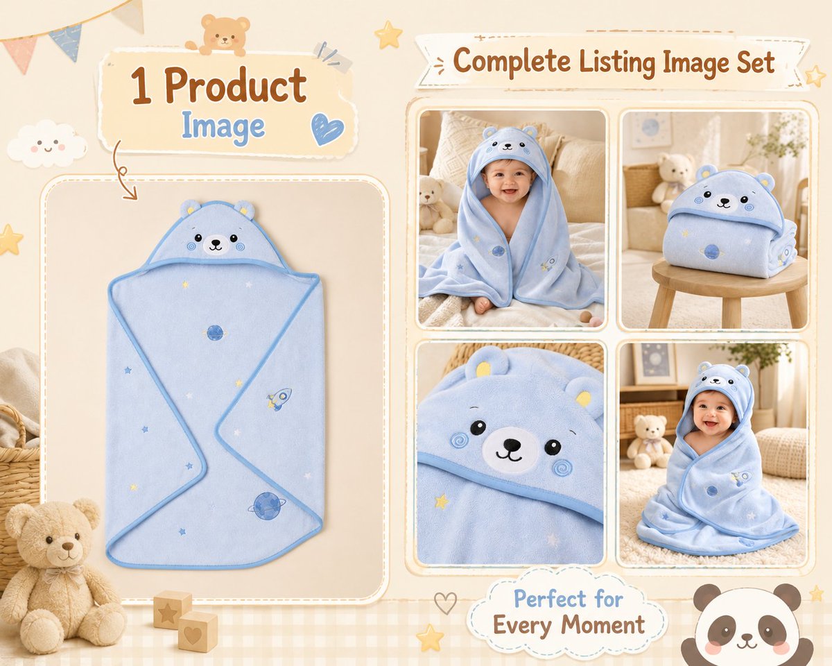 Marryclaire_AI's tweet photo. Just turned a single product shot of a Baby Hooded Towel into a full set of Etsy-ready listing images in just a few minutes. Times have really changed!

All I did was upload one photo into Pollo AI's 𝐏𝐫𝐨𝐝𝐮𝐜𝐭 𝐋𝐢𝐬𝐭𝐢𝐧𝐠 𝐈𝐦𝐚𝐠𝐞 𝐒𝐞𝐭, described the vibe I was going for, and it generated 4 images I absolutely love—and it can go up to 8!

Honestly, what a time to be alive!