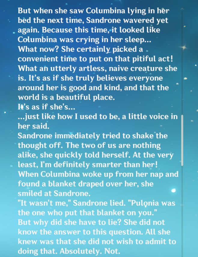 tsbkii_289's tweet photo. WHAT IS THIS. Am I reading official Genshin in-game text, or a sandbina fanfic on AO3??????

Sandrone noticed Columbina crying in her sleep and softened up because Bina reminded her of herself in the past 🥺 She draped a blanket over her! Literally straight out of a fanfiction!!! https://t.co/7giJPNbNQL
