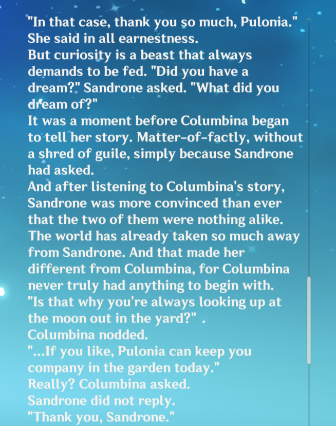 tsbkii_289's tweet photo. WHAT IS THIS. Am I reading official Genshin in-game text, or a sandbina fanfic on AO3??????

Sandrone noticed Columbina crying in her sleep and softened up because Bina reminded her of herself in the past 🥺 She draped a blanket over her! Literally straight out of a fanfiction!!! https://t.co/7giJPNbNQL