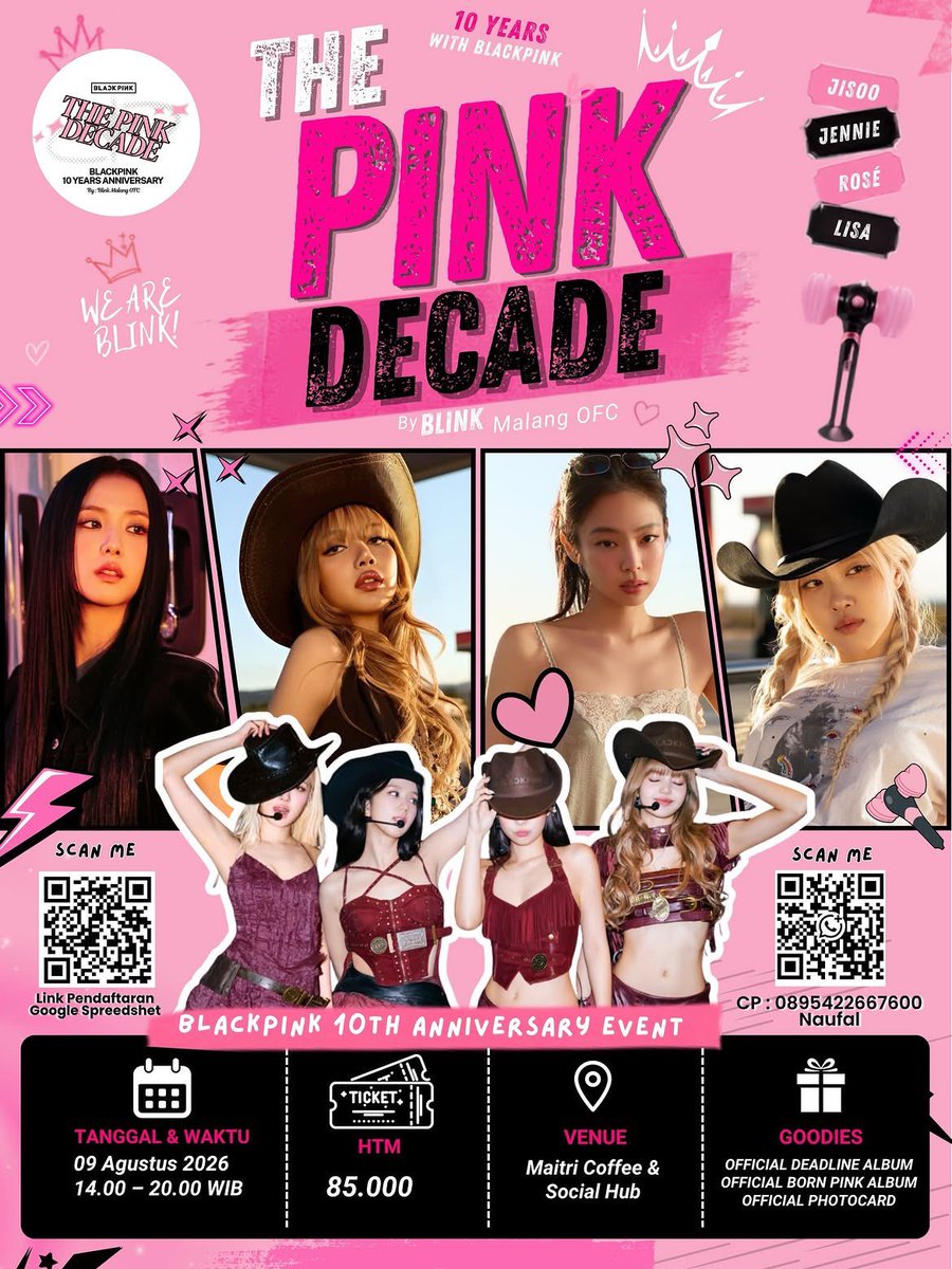 thenacne's tweet photo. ```THE WAIT IS OVER! ```

🖤🩷THE PINK DECADE🖤🩷

is finally here! ✨

Saatnya kita merayakan 10 years with BLACKPINK bersama BLINK Malang dan sekitarnya! Siapkan outfit terbaikmu dan nikmati satu hari penuh keseruan bersama sesama BLINK! 

What to expect?
🎤 Noraebang Party
🤘🏻 Random Play Dance
🎮 Fun Games & Trivia
👗 Best Outfit Competition
🎥 Best Video Competition
🎁 Official BLACKPINK Merchandise Door Prizes

📍 Maitri Coffee & Social Hub – Malang
🗓️ 09 August 2026
🕑 14.00 – 20.00 WIB
🎟️ HTM: IDR 85,000

🖤 Dress Code: BLACK & PINK 🩷

HTM sudah termasuk:
✨ Goodie Bag
🍽️ Meal & Drink
🎁 Chance to win official BLACKPINK albums, official photocards, and many more!

Let’s celebrate this special milestone together and create unforgettable memories with fellow BLINKs! 🥹🖤🩷

📲 Register now melalui QR Code yang ada di poster.
For more information:
📞 0895-4226-7600 (Naufal)

Stay tuned for more exciting updates, special activities, and surprises! See you at THE PINK DECADE! 🖤🩷