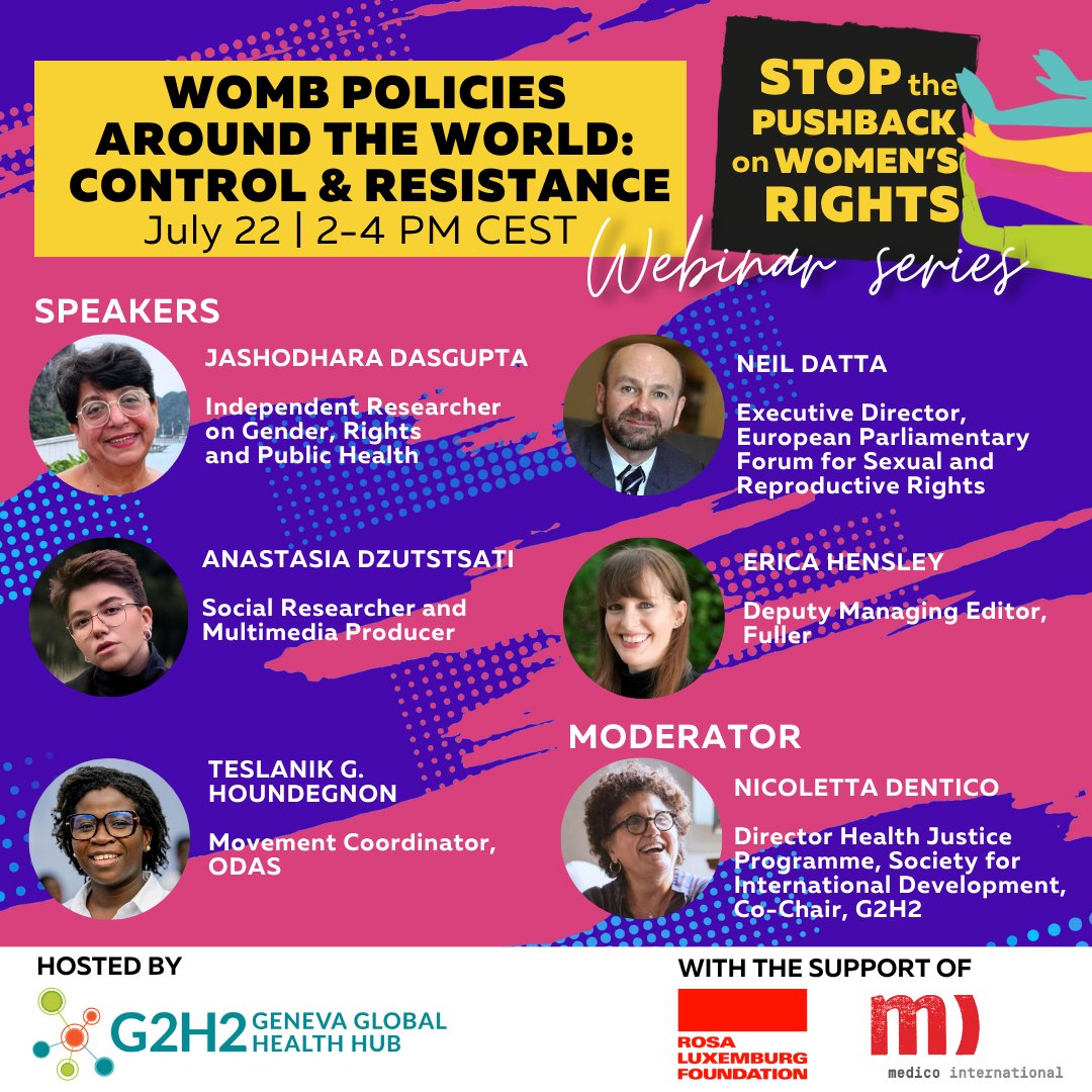 G2H2_Geneva's tweet photo. 🟣 Join our webinar 'Womb Policies around the World: Control and Resistance' to hear perspectives from journalists, researchers &amp; advocates on the global pushback against women’s rights.

📅 22 July | 🕑 2–4 PM CEST

🔗 https://t.co/LVbCnc2ahT

Meet the panel ⤵️ https://t.co/H4vFbaTFG2