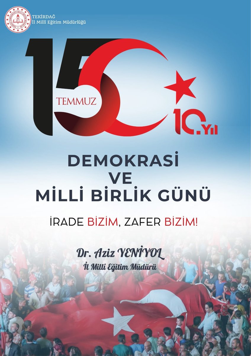 tekirdagmem's tweet photo. 🇹🇷 15 Temmuz Demokrasi ve Millî Birlik Günü
15 Temmuz; milletimizin iradesine, demokrasisine ve bağımsızlığına sahip çıkarak yazdığı kahramanlık destanının adıdır.
Aziz şehitlerimizi rahmetle, kahraman gazilerimizi şükranla anıyor; birlik ve beraberliğimizin, millî iradenin ve vatan sevgisinin daima güçlenmesini temenni ediyoruz.
15 Temmuz ruhunu yaşatmaya, millî birlik ve beraberliğimizi gelecek nesillere aktarmaya kararlılıkla devam edeceğiz.
#15TemmuzDemokrasiVeMilliBirlikGünü
#İradeBizimZaferBizim

@tcmeb 
@Yusuf__Tekin 
@drazizyeniyol