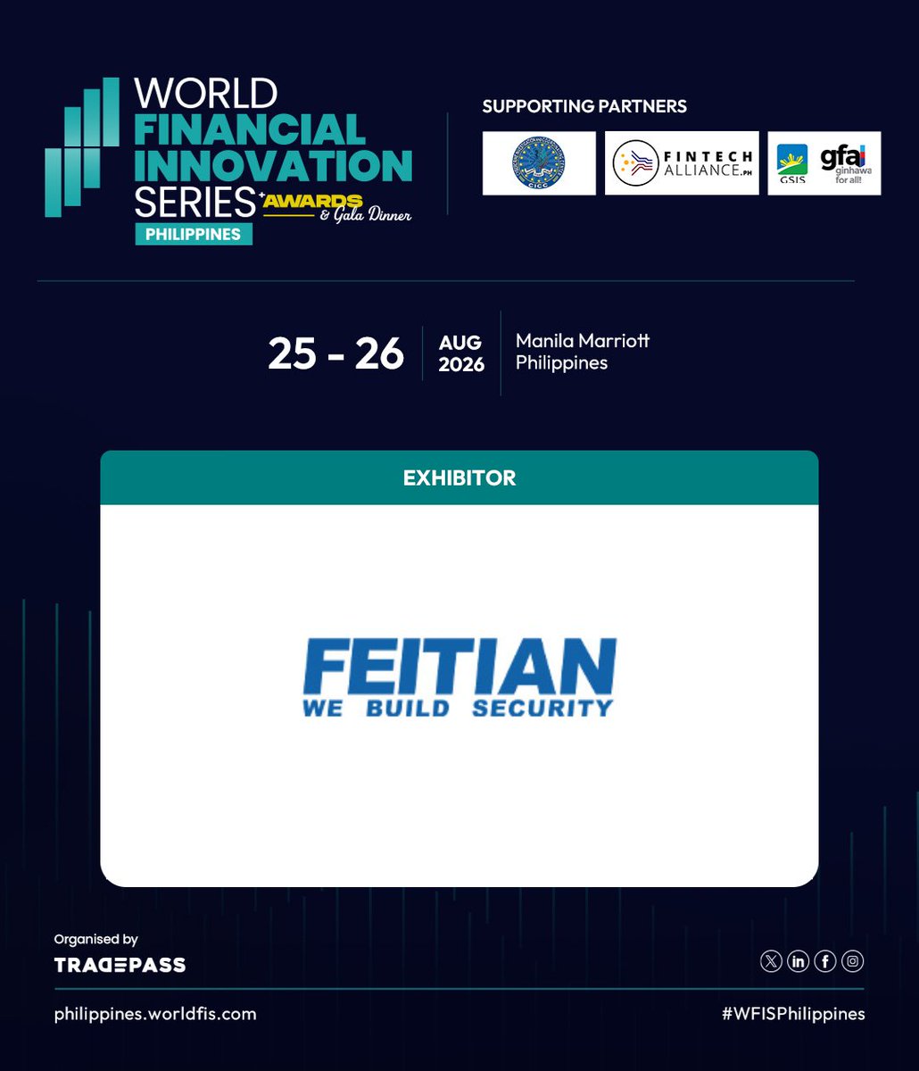 Tradepassglobal's tweet photo. WFIS 2026 - Philippines is pleased to welcome FEITIAN Technologies as an exhibitor at this year's edition — a global leader in secure payment and identity solutions across the world since 1998.
#WFISPhilippines #FEITIAN #Philippines #Tradepass #paymentsolutions https://t.co/aUCGZ6dUwh