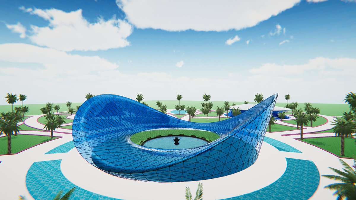 samiDotlancing's tweet photo. Where architecture meets art 🌊 This parametric wave shell wraps around a central fountain courtyard, framed by palm lined walkways and reflecting pools. A glimpse into the future of landscape design. https://t.co/qJZ0rubjTU