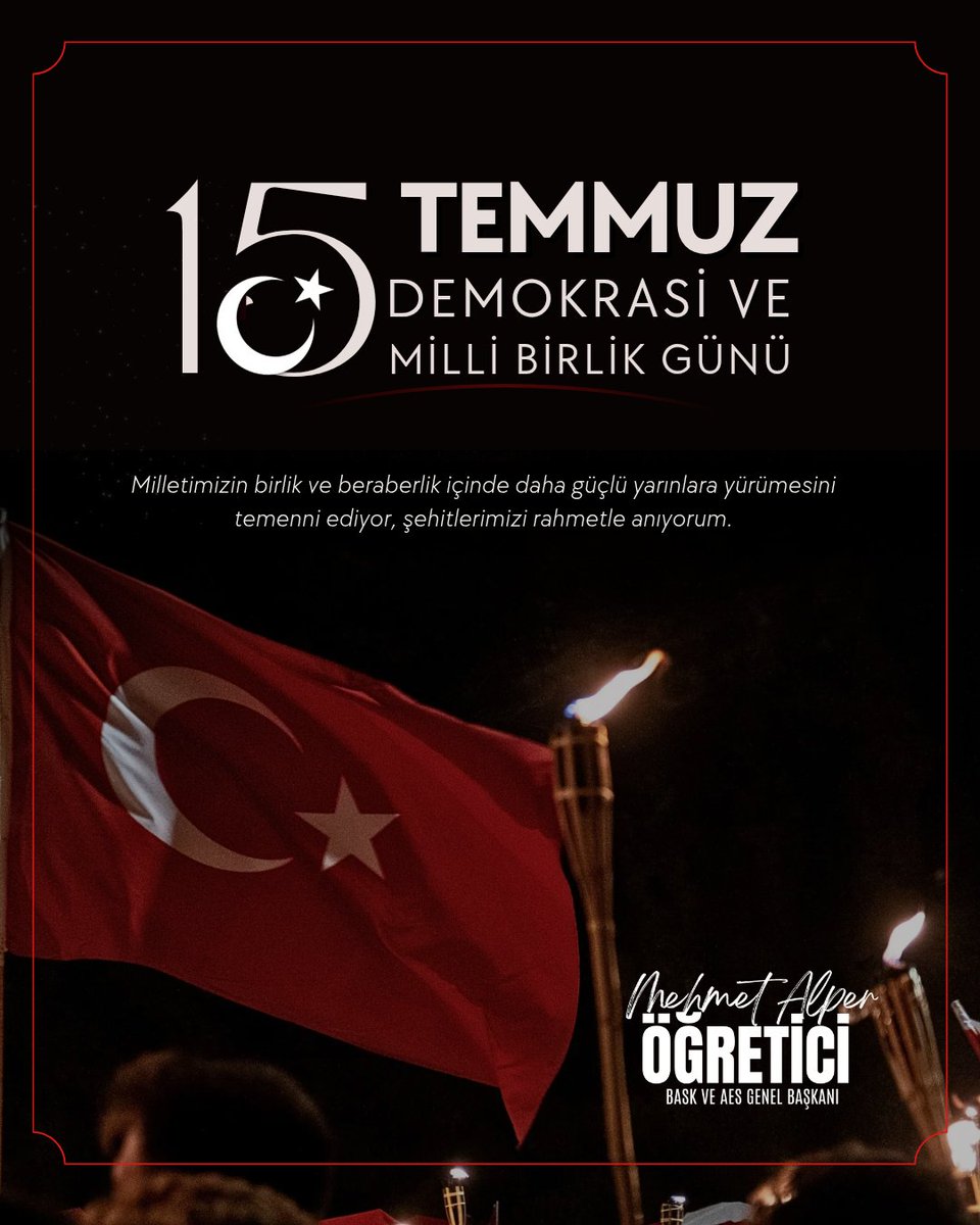 alper_ogretici's tweet photo. 🇹🇷 15 Temmuz Demokrasi ve Millî İrade Günü 🇹🇷

Milletimizin birliği, beraberliği ve iradesiyle hain darbe girişimine karşı yazılan destanın yıl dönümünde; başta 15 Temmuz şehitlerimiz olmak üzere, tüm demokrasi kahramanlarımızı rahmet ve minnetle anıyorum.

Demokrasimize, vatanımıza ve millî iradeye her zaman sahip çıkmaya devam edeceğiz.

#15Temmuz #DemokrasiVeMilliİradeGünü #UnutmadıkUnutmayacağız