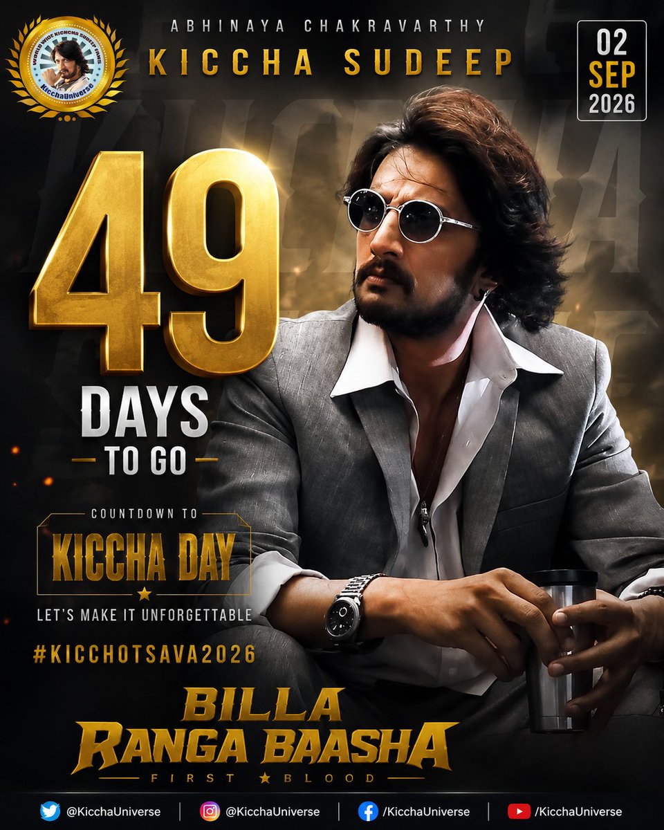KicchaUniverse's tweet photo. 👑 49 Days to Go... The Countdown Begins! ❤️‍🔥

Every day brings us closer to celebrating the man who redefined mass, style, and charisma — Abhinaya Chakravarthy @KicchaSudeep. 🔥

Let's make #Kicchotsava2026 

 #KicchaSudeep #AdvanceHBDKicchaSudeep #BillaRangaBaasha #XPost https://t.co/qoYYQa1Mmu