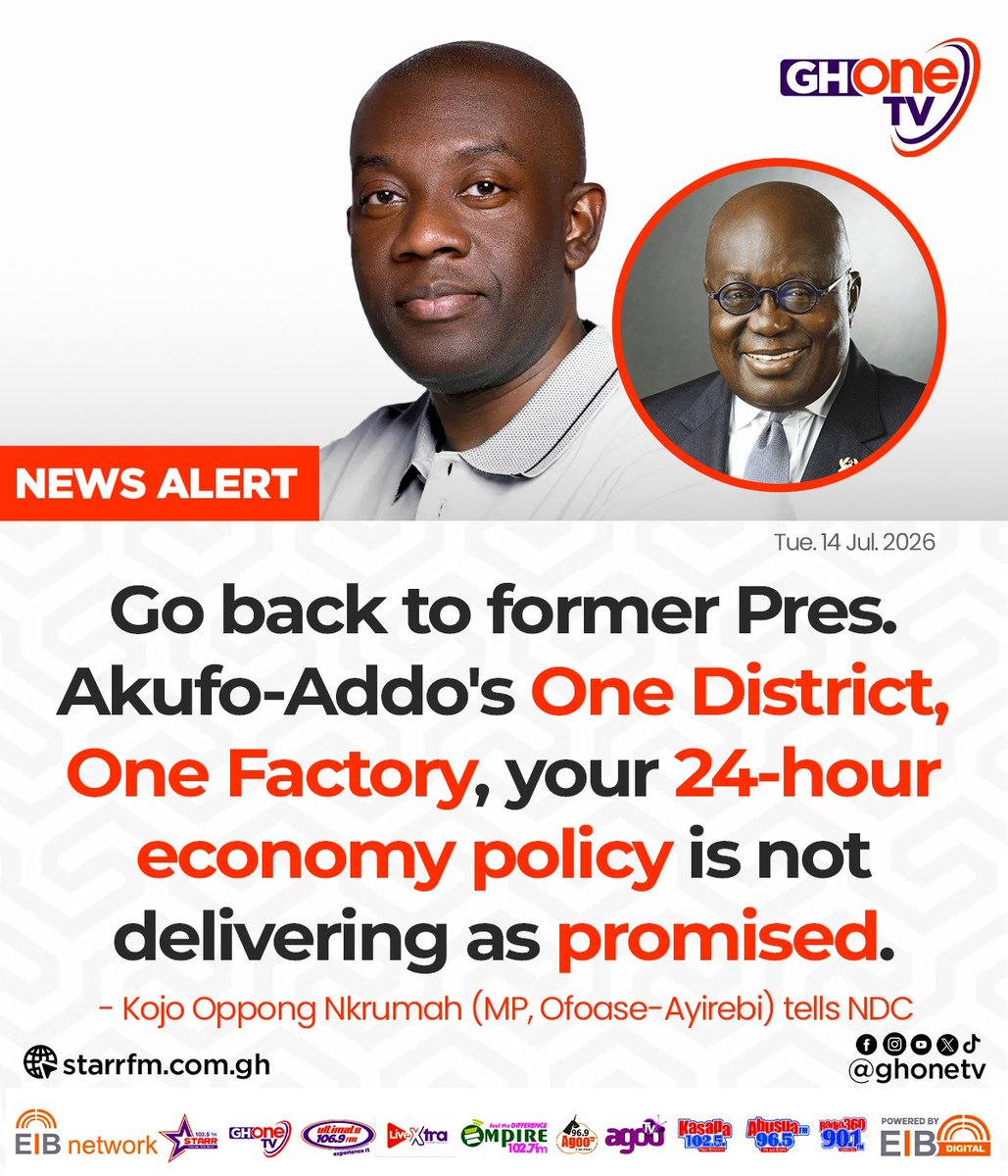 ghonetv's tweet photo. Go back to former Pres. Akufo-Addo's One District, One Factory, your 24-hour economy policy is not delivering as promised... - Kojo Oppong Nkrumah (MP, Ofoase-Ayirebi) tells NDC

#GHOneNews #EIBNetwork
#GHOneTV #NewsAlert https://t.co/f1y82jm8UO