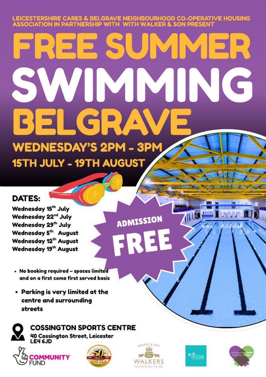 Belgravecoop's tweet photo. FREE Summer Swimming in Belgrave! Join us every Wednesday, 2–3pm, at Cossington Sports Centre. No booking required – just turn up. Spaces are limited, so arrive early! 🌞 #Belgrave #Leicester #SummerHolidays #doitwithlove https://t.co/C74uTzkRA0