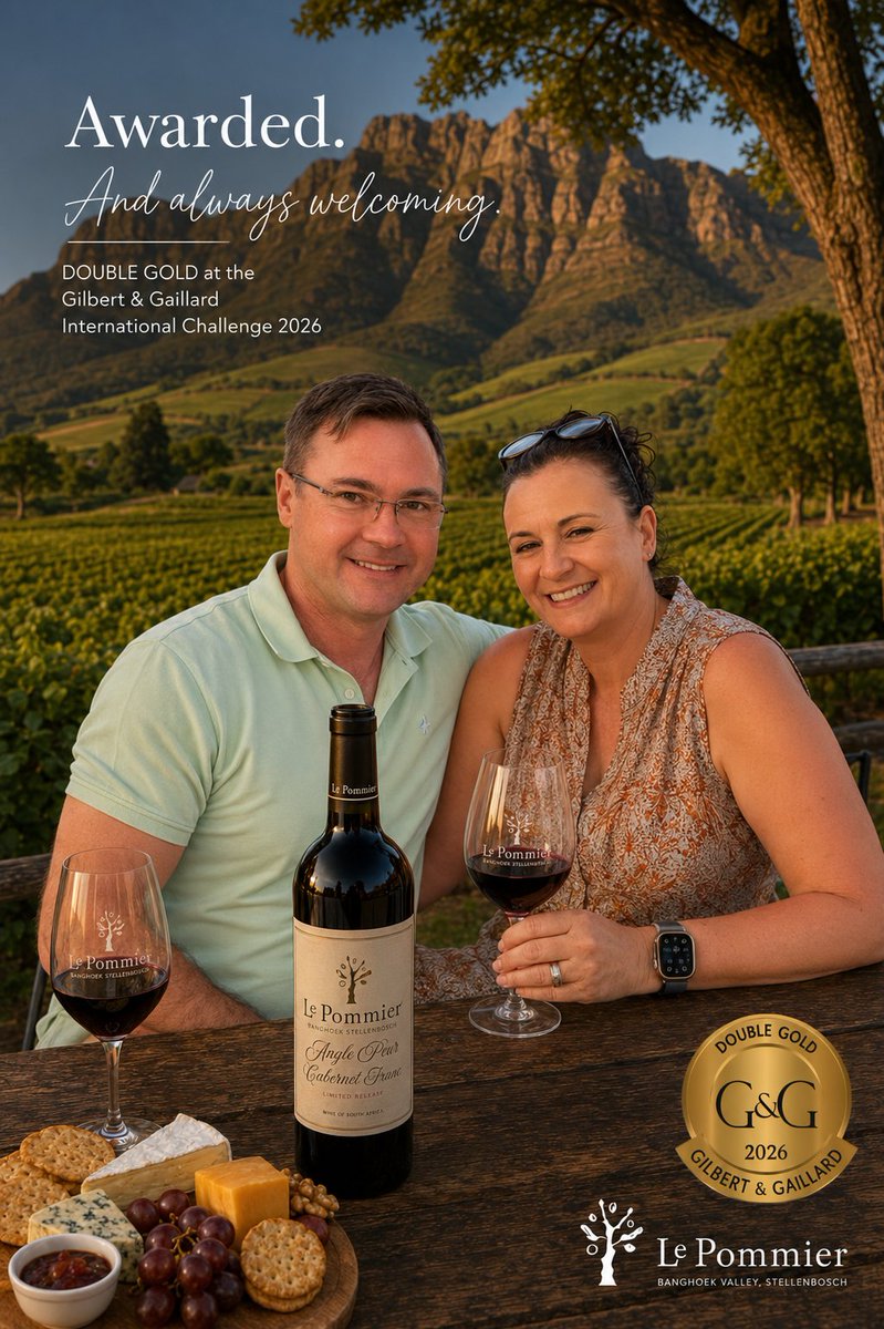 LePommierWines's tweet photo. Weโre celebrating DOUBLE GOLD! ๐ฅ๐ท Our Angle Peur Cabernet Franc 2025 just won at the Gilbert & Gaillard International Challenge 2026. Thank you to our team and supportersโcheers to more award-winning moments at Le Pommier! ๐ฅ #LePommierWines #DoubleGold #Stellenbosch https://t.co/d4g5FcihjP