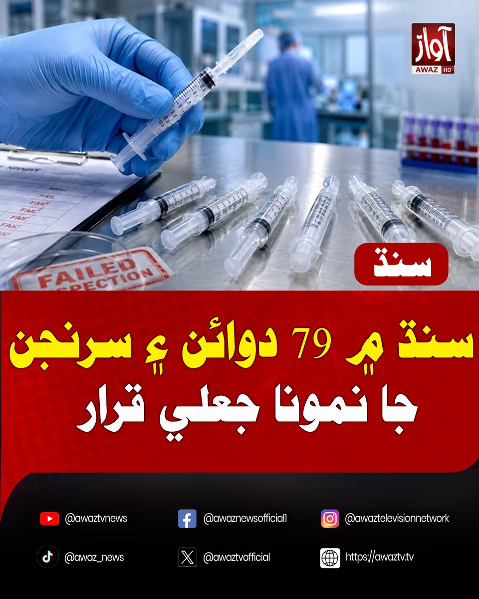 awaztvofficial's tweet photo. سنڌ ۾ 79 دوائن ۽ سرنجن جا نمونا جعلي قرار
#Sindh #FakeMedicines #CounterfeitDrugs #FakeSyringes #HealthAlert #DrugTesting #PublicHealth #Healthcare #MedicalSafety #DRAP #SindhHealth #BreakingNews #PakistanNews #LatestNews #NewsUpdate #AwazTV #AwazTVNews #AwazTVLive https://t.co/5lRnknmS7T