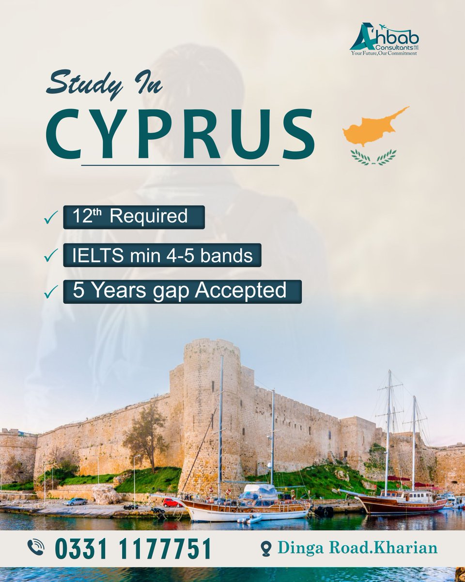 QasimAzaz's tweet photo. 🇨🇾 Dreaming of studying abroad? Start your journey in Cyprus! 🎓
✅ 12th Pass Required
✅ IELTS 4–5 Bands
✅ Up to 5 Years Study Gap Accepted
https://t.co/xAqWVNkxJo
📞 0331 1177751
📍 Dinga Road, Kharian
#StudyInCyprus #StudyAbroad #IELTS #InternationalStudents #HigherEducation https://t.co/f0GeGqm0G2