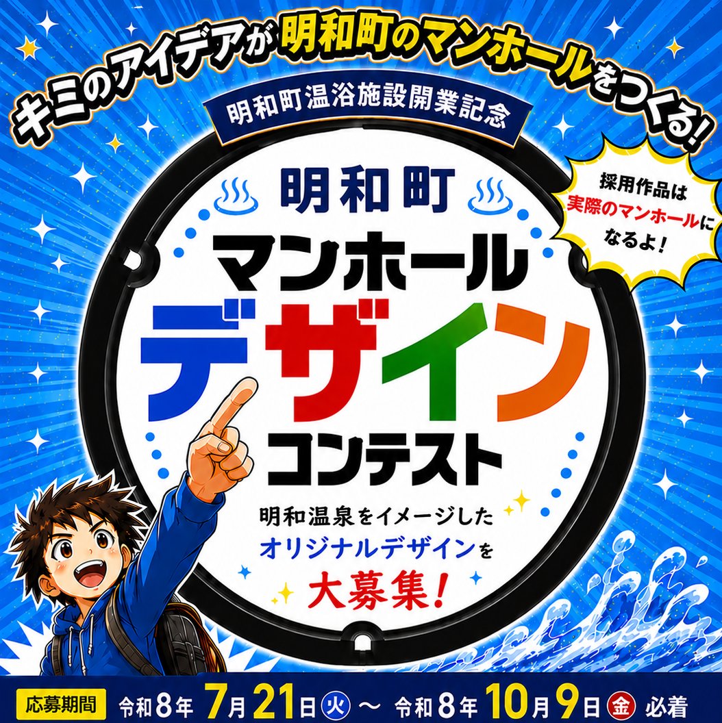 public_cardigan's tweet photo. 令和8年度 明和町下水道事業温浴施設開業記念マンホールデザインコンテスト
「明和温泉」をイメージしたマンホールデザインを募集します！
なお、最優秀賞作品は、デザインを元にマンホールカードの作成(令和9年度)を予定しております。
#マンホールカード #群馬県 #明和町
https://t.co/syek0yvhnt https://t.co/gwoW3vtiic