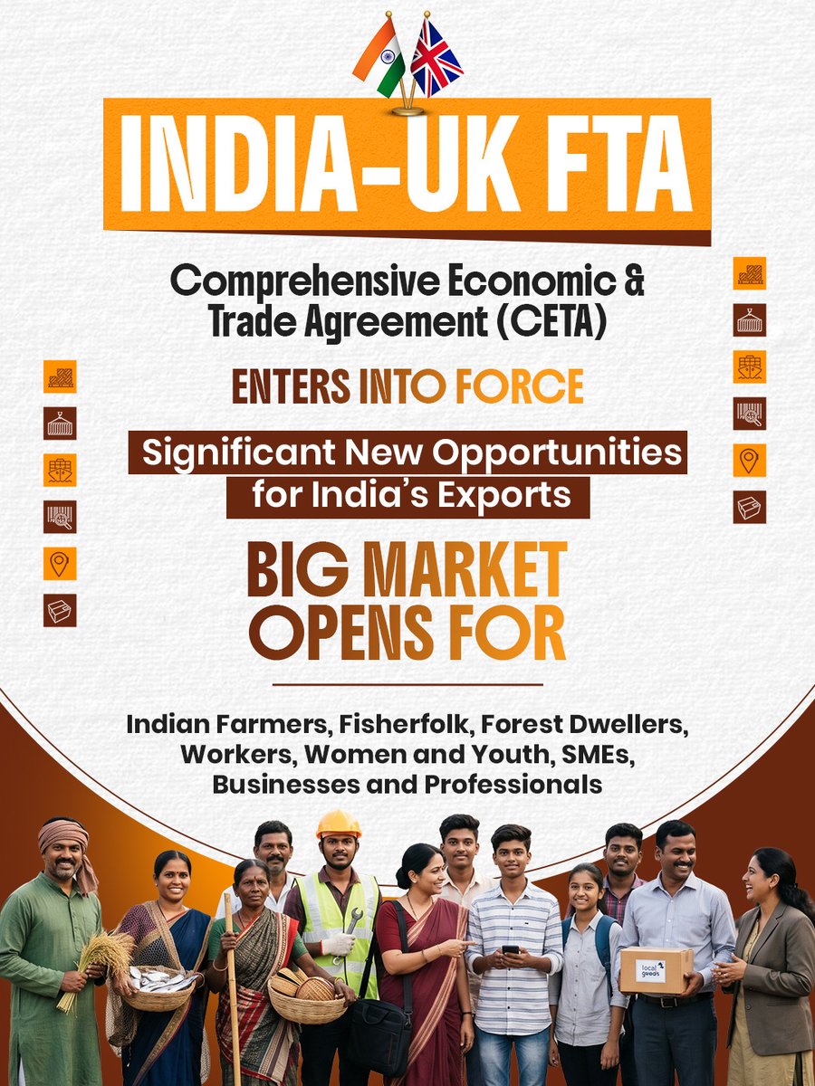 MIB_India's tweet photo. A transformative step in India's trade journey under the dynamic leadership of PM @narendramodi.

India–UK FTA is now in force, opening new opportunities for Indian farmers with wider market access, zero-duty benefits on many agri products, and stronger export potential.

#IndiaUKFTA