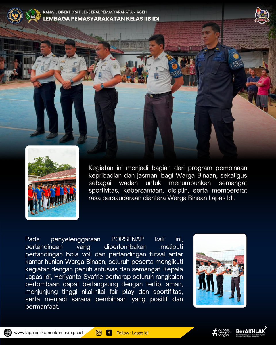 lapas_idi's tweet photo. Semangat Sportivitas dan Kebersamaan Menggema, Kepala Lapas Idi Buka PORSENAP 

Junjung Sportivitas, Raih Prestasi, Wujudkan Pembinaan yang Berkualitas

#Kemenimipas
#Ditjenpas
#Kanwilaceh
#Lapasidi https://t.co/cjfCciaZbz