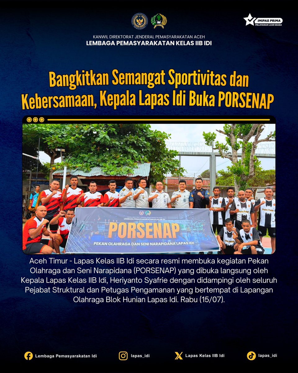 lapas_idi's tweet photo. Semangat Sportivitas dan Kebersamaan Menggema, Kepala Lapas Idi Buka PORSENAP 

Junjung Sportivitas, Raih Prestasi, Wujudkan Pembinaan yang Berkualitas

#Kemenimipas
#Ditjenpas
#Kanwilaceh
#Lapasidi https://t.co/cjfCciaZbz
