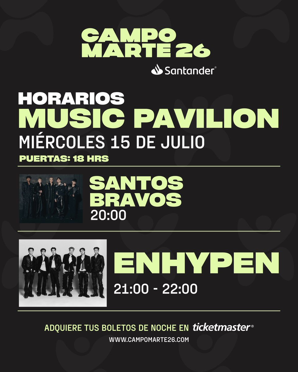 jakewon_stars's tweet photo. 📢 — ENGENEs que asistirán al evento de #ENHYPEN y SANTOS BRAVOS en Campo Marte en CDMX 🇲🇽

— Las puertas se abrirán a las 6pm
— Presentación de Santos Bravos 8PM
— Presentación de ENHYPEN 9PM

el evento parece que termina a las 10PM, para que lo consideren con su transporte https://t.co/ULboO9w512