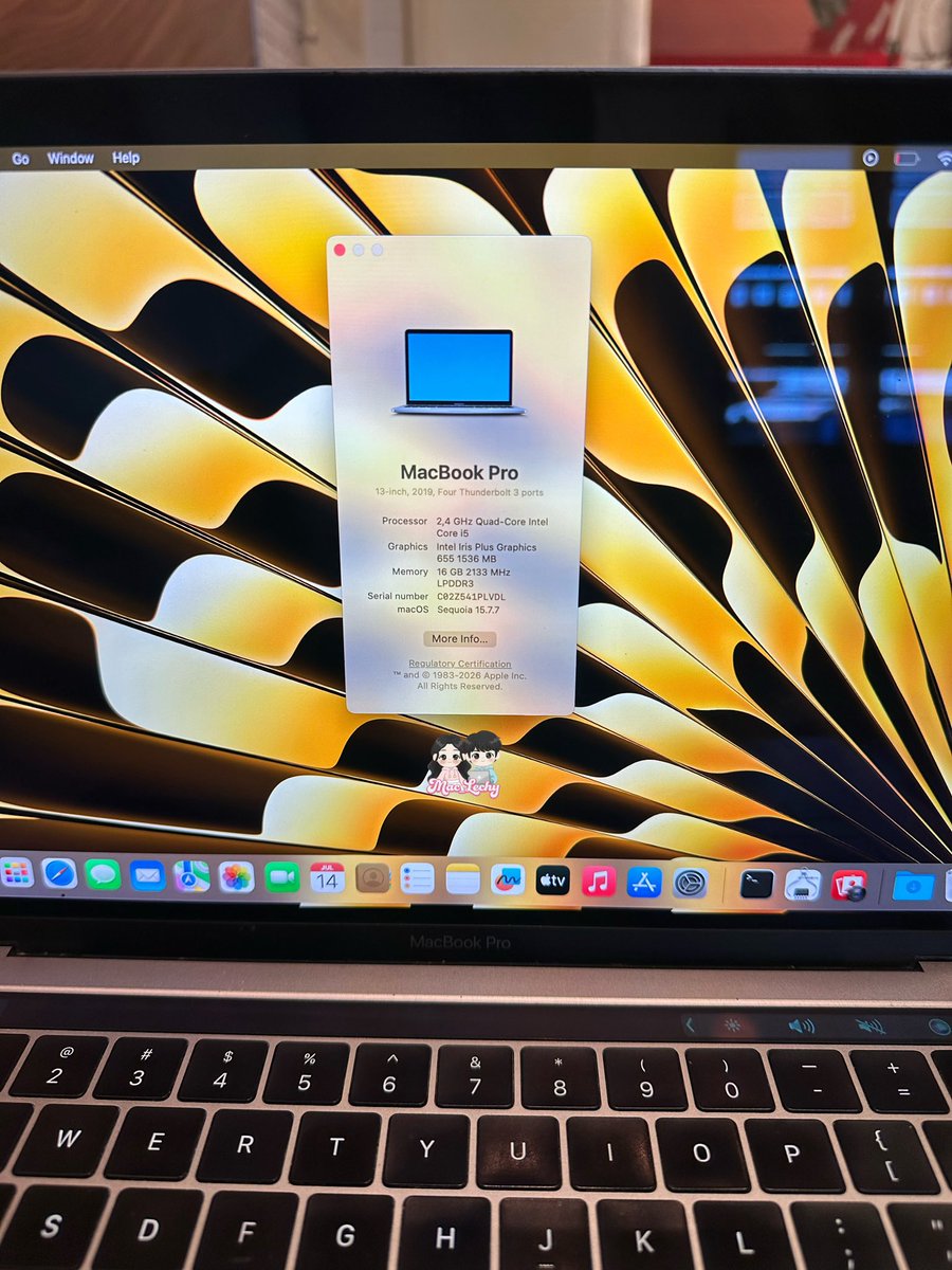 Mac_Lechy's tweet photo. Macbook Pro touchbar 2019 i5 ram 16 GB SSD 256 gb 4 Thunderbolts

6.000.000 jt NETT

✅Baterai cc service awet 3-5jam 4752 MAH 
✅Minus salah 1 port tidak bisa,3 lainnya normal bisa
✅Fungsional lain Normalsemua
✅Kelengkapan Unit Charger Free Tas&amp; Office

t. wts Macbook pro 2019 https://t.co/hihwtscjUk