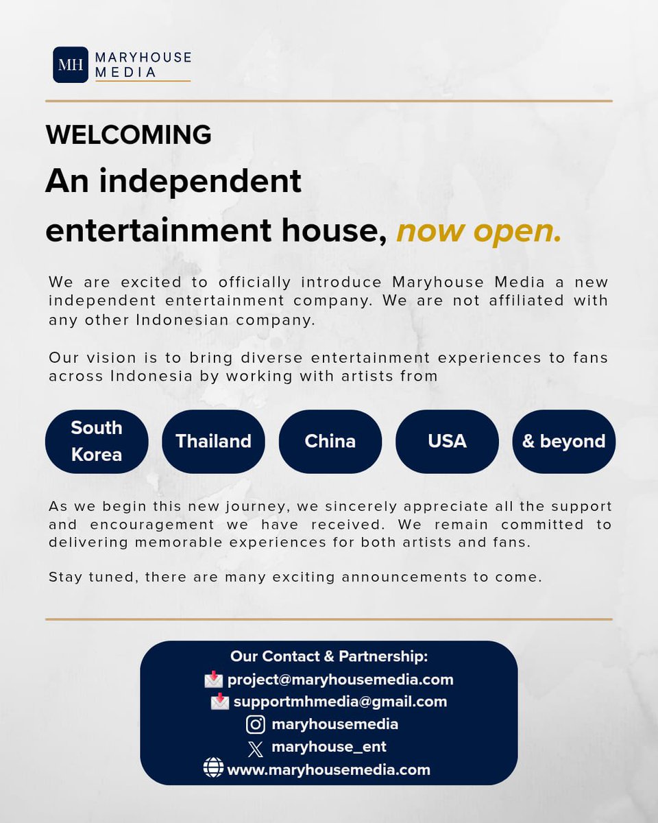 Maryhouse_ent's tweet photo. [MARYHOUSE]

Hello, this is Maryhouse Media.

We would like to clarify that Maryhouse Media operates as an independent entertainment company and is not affiliated with any other company unless officially announced.

Thank you for your support.

Stay tuned for exciting announcements ahead.

#maryhousemedia #mhmedia