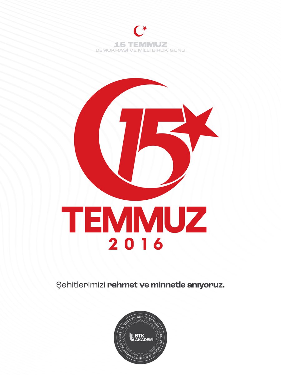 BTKAkademi's tweet photo. 15 Temmuz Demokrasi ve Millî Birlik Günü’nde, aziz şehitlerimizi rahmet ve minnetle, kahraman gazilerimizi saygıyla anıyoruz.🇹🇷 https://t.co/fEPTSobHZ3