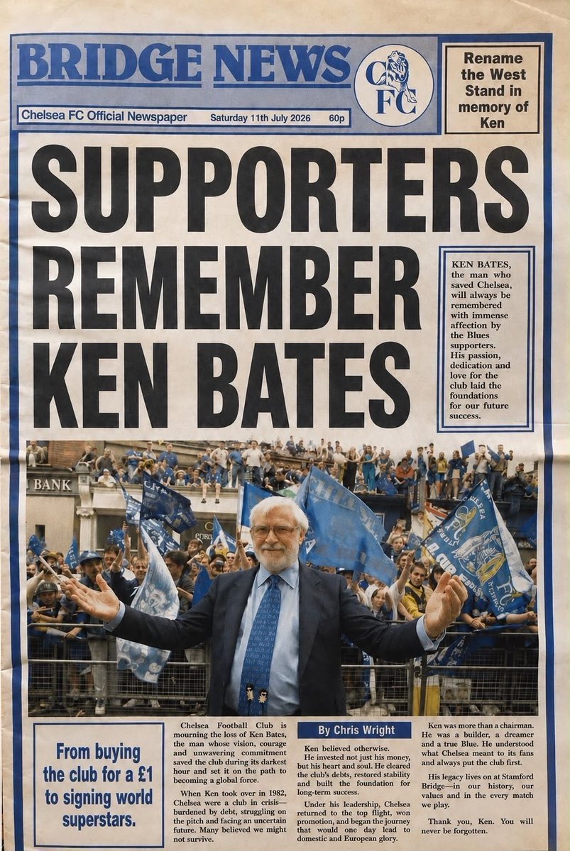 chriswrightzz's tweet photo. CHELSEA REWIND: A perfect tribute to Ken Bates would be a final publication of ‘BRIDGE NEWS’. Here’s a little something I put together… 💙 https://t.co/Wimtsiabhl
