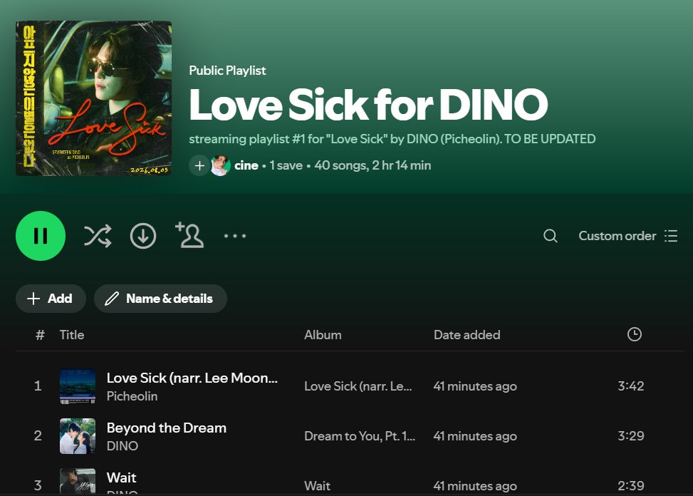 mingyursonly's tweet photo. I made a "Love Sick" focused playlist here and added Beyond the Dream and other Dino solo songs! I'm still updating it but you can use it and feel free to share it please!

🔗: https://t.co/Q5xjd7kAon

DINO LOVE SICK OFFICIAL MV 
#피철인_아프지않은이별은없다
#DINO_LoveSick_OutNow https://t.co/BRvvOIYb8A