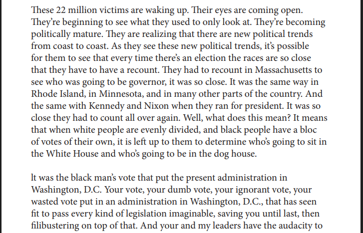 French_rap_plug's tweet photo. @Dylan_Polycarpe In "The Ballot or the Bullet" speech, he clearly say the Black voting block had the leverage to put the president in place. 
That's way more power than all illegal migrants in the US combined have in 2026. South americans also have so much less power than that. https://t.co/SiQhfWrqxH