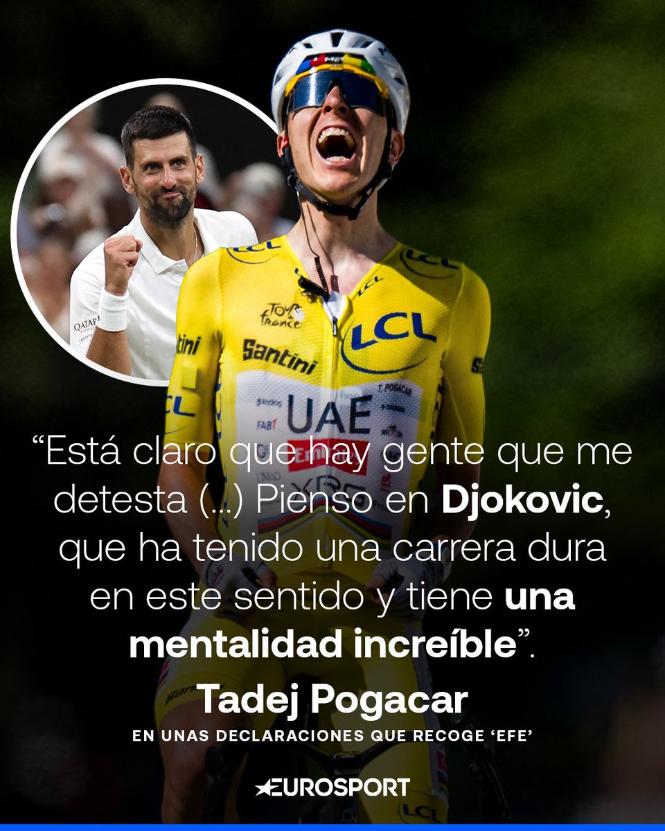 Eurosport_ES's tweet photo. 🫂 Tadej Pogacar abraza el método Djokovic en cuanto al 'hate'

📌 "Está claro que hay gente que me detesta, eso pasa siempre con los campeones. La gente está más dividida. Pienso en Djokovic, que ha tenido una carrera dura en este sentido y que tiene una mentalidad increíble" https://t.co/UL8xQJn0LI