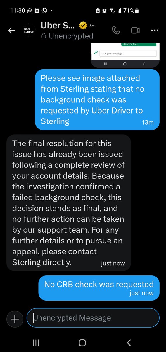iayedotski754's tweet photo. No CRB check was request @Uber via @Uber_Support but being told @ayejustlit failed my background check whilst @ayejustlit has passed SIA checks and their background check partner stating no CRB check was requested and Sterling link provided in message by support was unclickable. https://t.co/t9i9Yr0QVB
