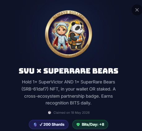 SVictorUniverse's tweet photo. 32 days left in Chapter 1: BITS Rush

Hall of Heroes is where @MultiversX biggest collectors gather to hunt the badges of our universe and climb the board.

One of them is special 👇

SuperVictor 🤝  SuperRare Bears 🐻

Hold 1+ SuperVictor AND 1+ SuperRare Bears (wallet or staked) to earn the amazing collab' badge with the following advantages:
💎 200 Shards 
 ⚡+8 BITS / day 

More shards will result in a better spot on the leaderboard.

@SuperRare_Bears is one of the most hardcore, most active teams in the NFT space and a big supporter of SuperVictor. 

Keep rocking it, legends.🙌

Important to mention is that these bears are always bullish, and they never give up.

Always bullish!🐻