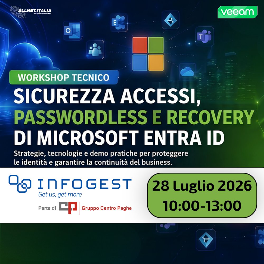 Infogestsrl's tweet photo. 🔐 Workshop tecnico con Veeam e Allnet.Italia e scopri come proteggere Microsoft Entra ID con MFA, Passwordless, FIDO2, Security Key e strategie di backup e recovery.
📅 28 luglio 2026-🕙 10:00–13:00
📍 Infogest . Visita il sito per iscriverti. https://t.co/6sdAdDVuin