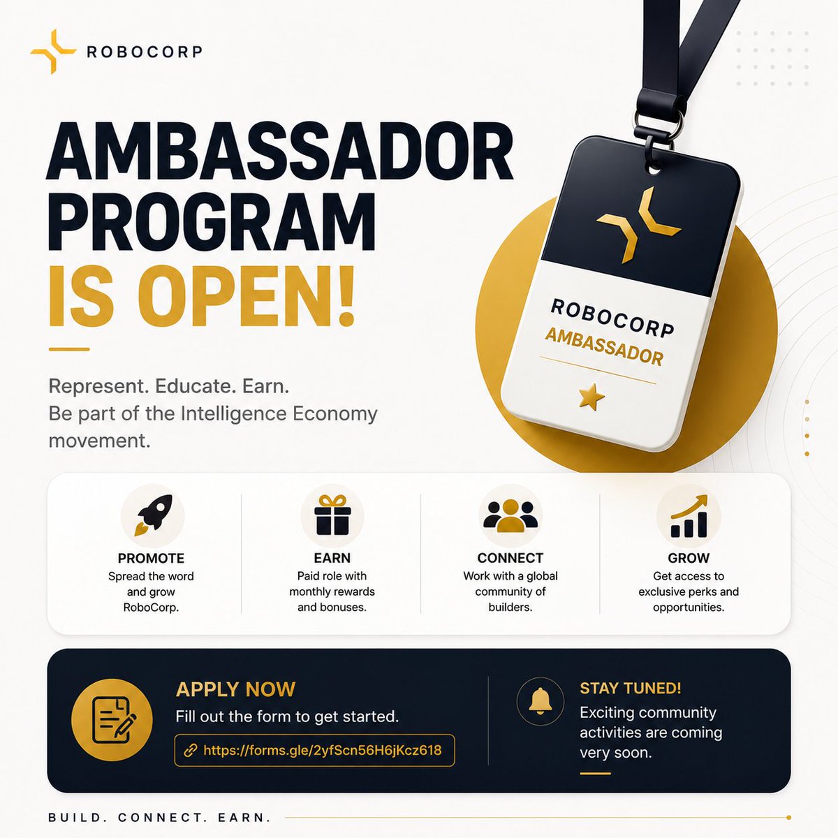 Robocorpco's tweet photo. We're not looking for influencers.

We're looking for people who want to help build the future of AI.

RoboCorp is opening applications for a new group of Ambassadors.

If you're passionate about AI, Web3, tech, marketing, or the creator economy, this is your chance to grow with a project that's building the Intelligence Economy.

You'll get the opportunity to:

✦ Earn monthly as a RoboCorp Ambassador

✦ Work directly with our team

✦ Grow your personal brand

✦ Help shape the future of AI and knowledge ownership

We're looking for builders, not just promoters.

If that sounds like you, we'd love to have you.

See you on the inside. 🚀