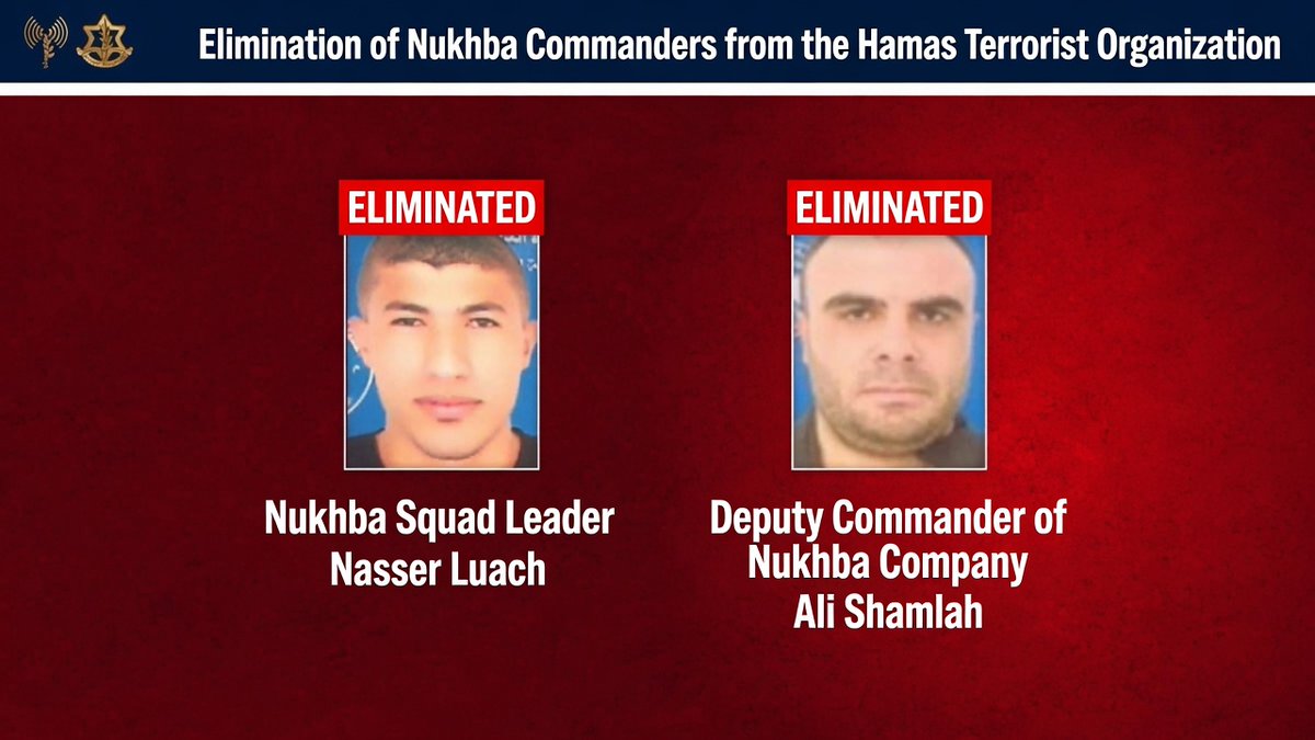 MOSSADil's tweet photo. OCTOBER 7 TERRORISTS ELIMINATED

The IDF says it eliminated two Hamas Nukhba commanders in a precise overnight airstrike in northern Gaza:

Ali Shamalh, deputy commander of a Nukhba company, and Nasser Loh, commander of a Nukhba squad in Hamas’s Sabra Battalion.

Both were involved in the October 7 massacre and posed an immediate threat to Israeli forces operating in the area.