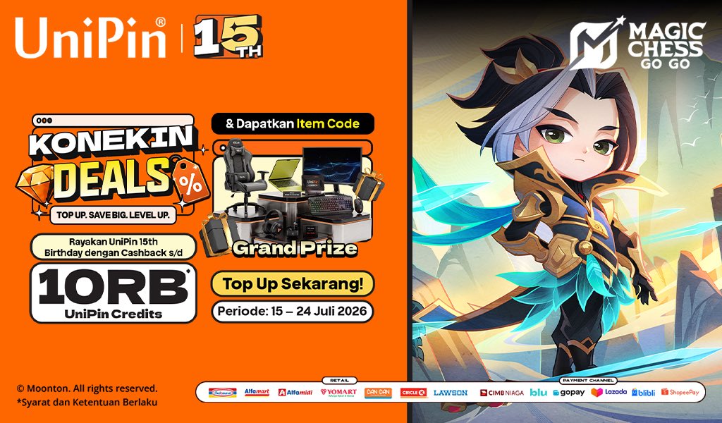 UniPinIndonesia's tweet photo. UniPin bagi-bagi lewat KONEKIN DEALS! 🎉

Top up AyoDance, Point Blank, Magic Chess, atau Top Eleven buat dapetin CASHBACK s/d 15RB UniPin Credits + Item Code eksklusif!😱

Ssst, ada kesempatan bawa pulang Grand Prize keren juga lho!🏆

📅 15–24 Juli 2026
Sikat sekarang!

#UniPin https://t.co/C3ZgAKtRNx