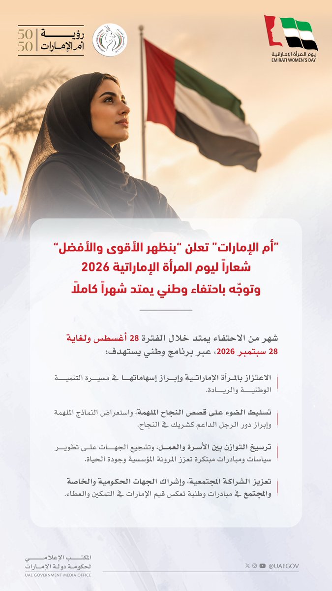 UAEmediaoffice's tweet photo. «أم الإمارات» تعلن «بنظهر الأقوى والأفضل» شعاراً ليوم المرأة الإماراتية 2026 وتوجّه باحتفاء وطني يمتد شهراً كاملاً https://t.co/zh1kbCepiI