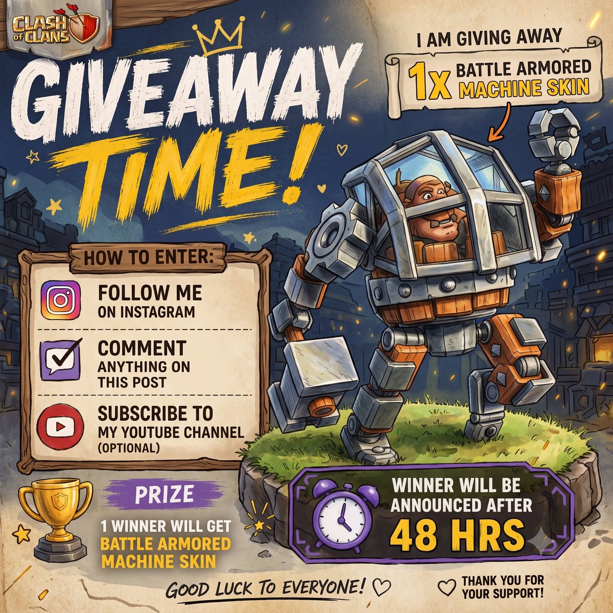 lnxx_coc's tweet photo. 🎁 GIVEAWAY

🏆 Win 1x Battle Armored Machine Skin

How to Enter
• Follow me on Instagram
• Comment anything on the latest post on Instagram 
  Instagram :- https://t.co/ibITZDUMqS
📺 YouTube Subscribe :- https://t.co/COcWTP8qVJ https://t.co/kksy4sccag