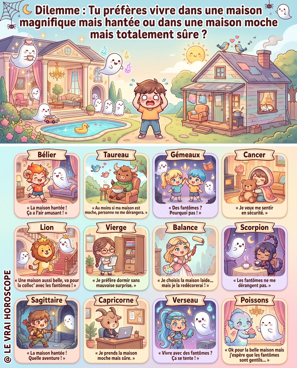 LeVraiHoroscope's tweet photo. 🏠 DILEMME : MAISON MAGNIFIQUE MAIS HANTÉE OU MAISON MOCHE MAIS TOTALEMENT SÛRE ?

Entre beauté et sécurité, aventure et confort, chaque signe du zodiaque fait son choix selon ses priorités et son tempérament. ✨

#Astrologie #Zodiaque #Horoscope https://t.co/VIU6XrSwsg